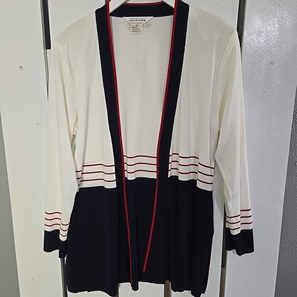 Exclusively Misook Blue Cream Open Front Cardigan Small Old Money Sailor Preppy - Picture 1 of 7